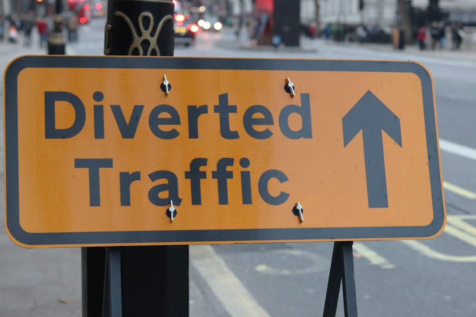close-up of Diverted Traffic signage